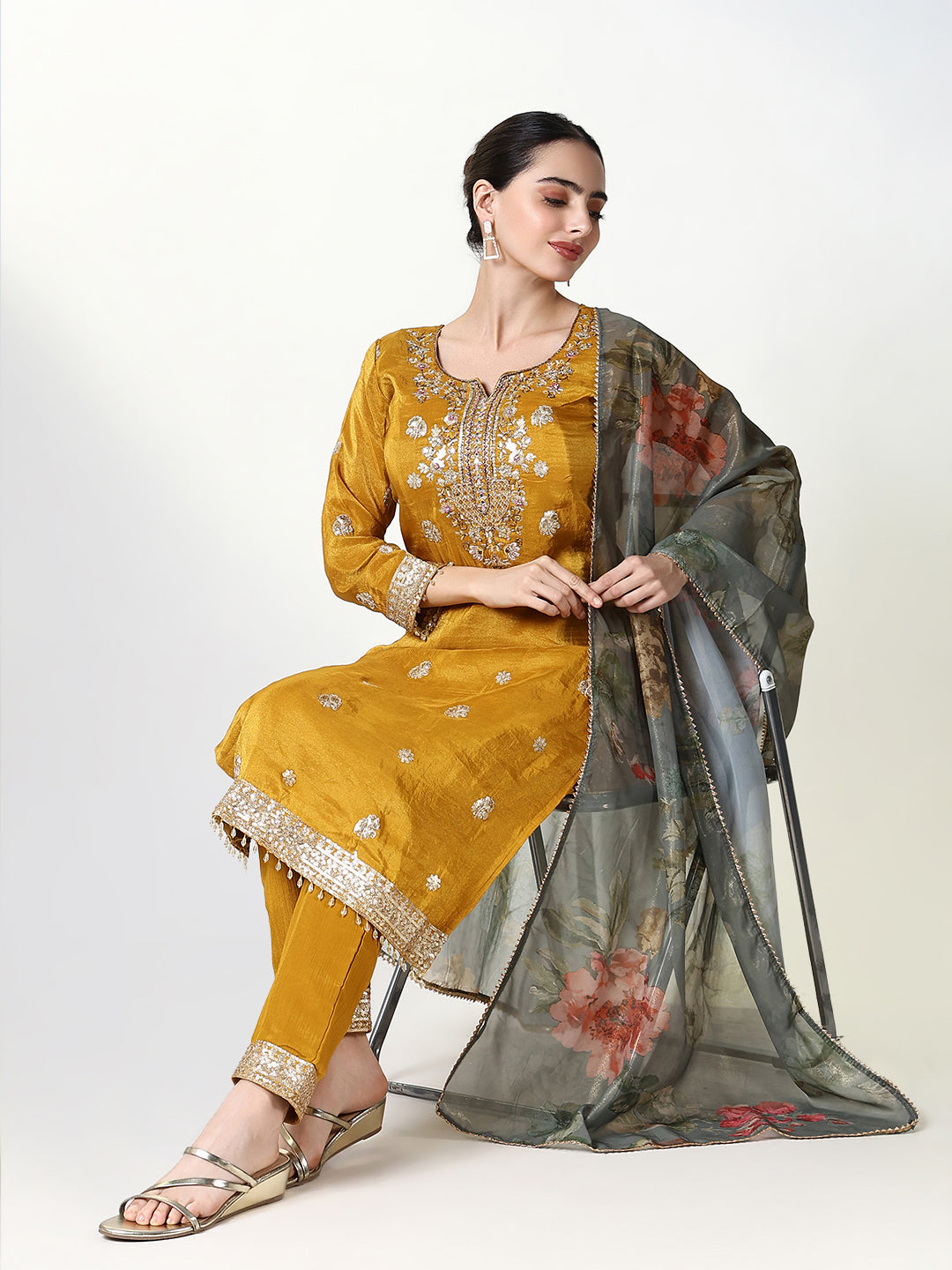 Women Solid Mustard Straight Kurta Set with Dupatta