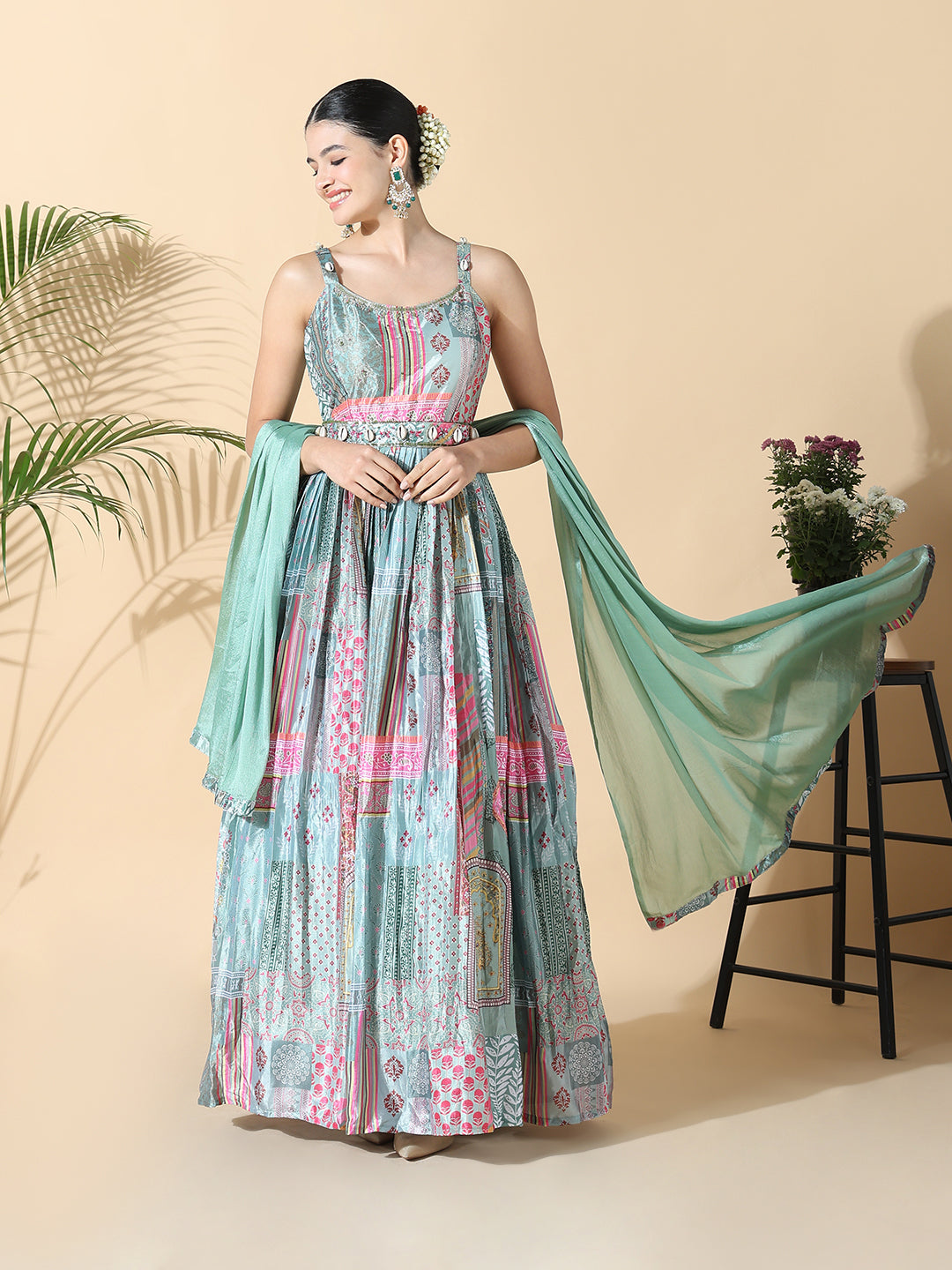 Women Green Printed Anarkali Kurta with Belt and Dupatta