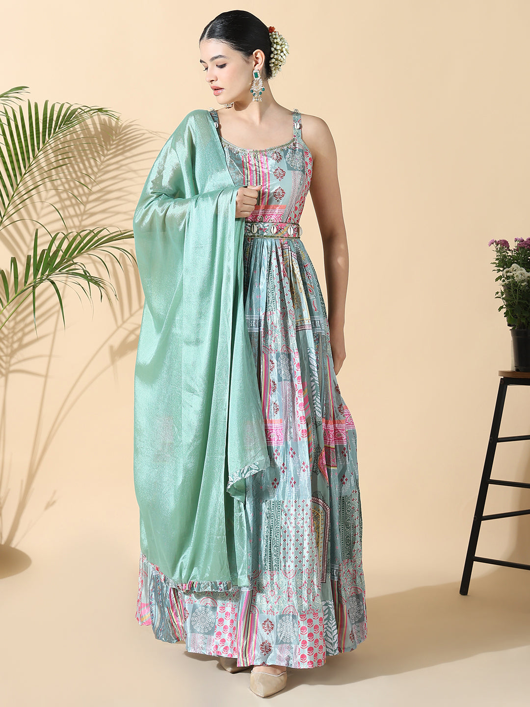 Women Green Printed Anarkali Kurta with Belt and Dupatta