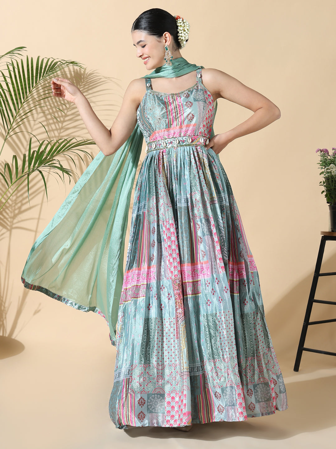 Women Green Printed Anarkali Kurta with Belt and Dupatta