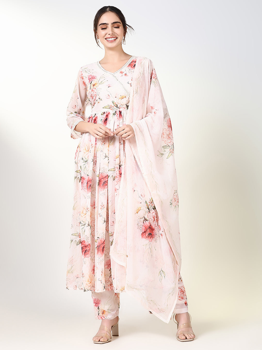 Women Floral Peach Anarkali Kurta Set with Dupatta