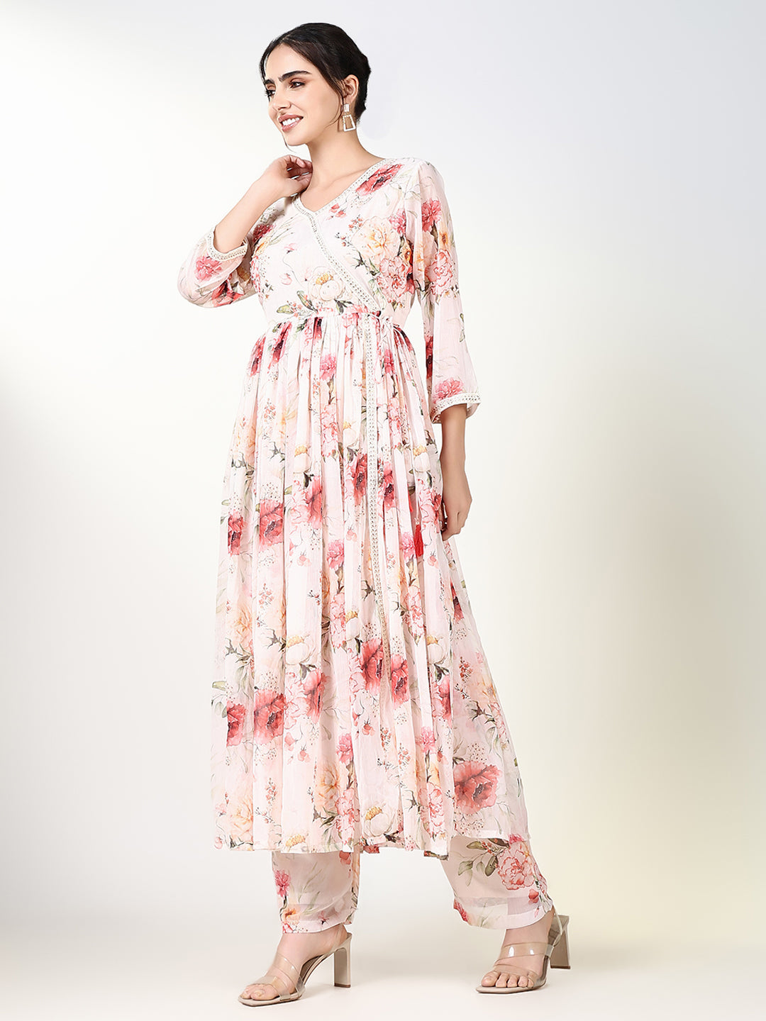 Women Floral Peach Anarkali Kurta Set with Dupatta