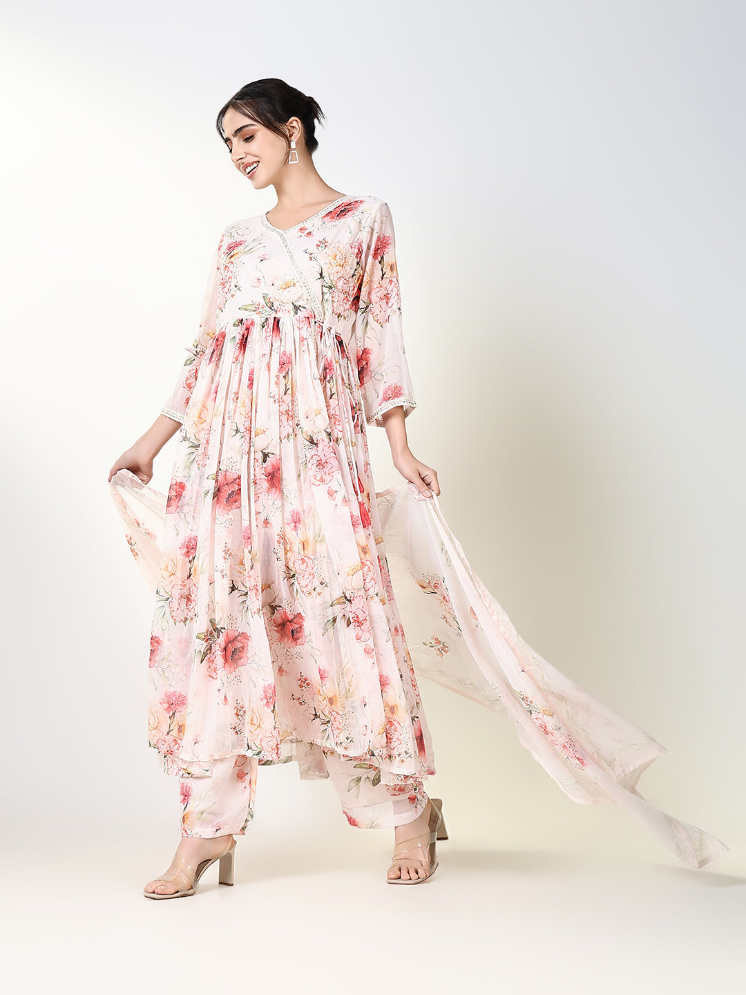 Women Floral Peach Anarkali Kurta Set with Dupatta