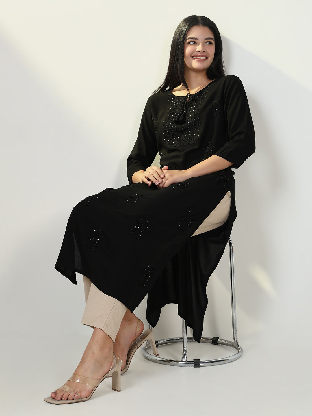 Women Solid Black Chikankari Kurta