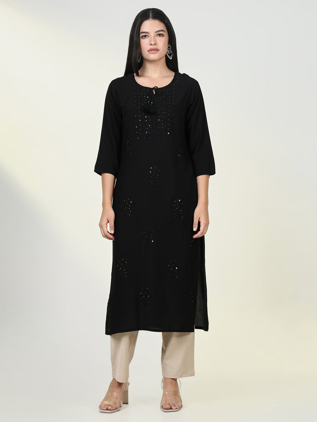 Women Solid Black Chikankari Kurta