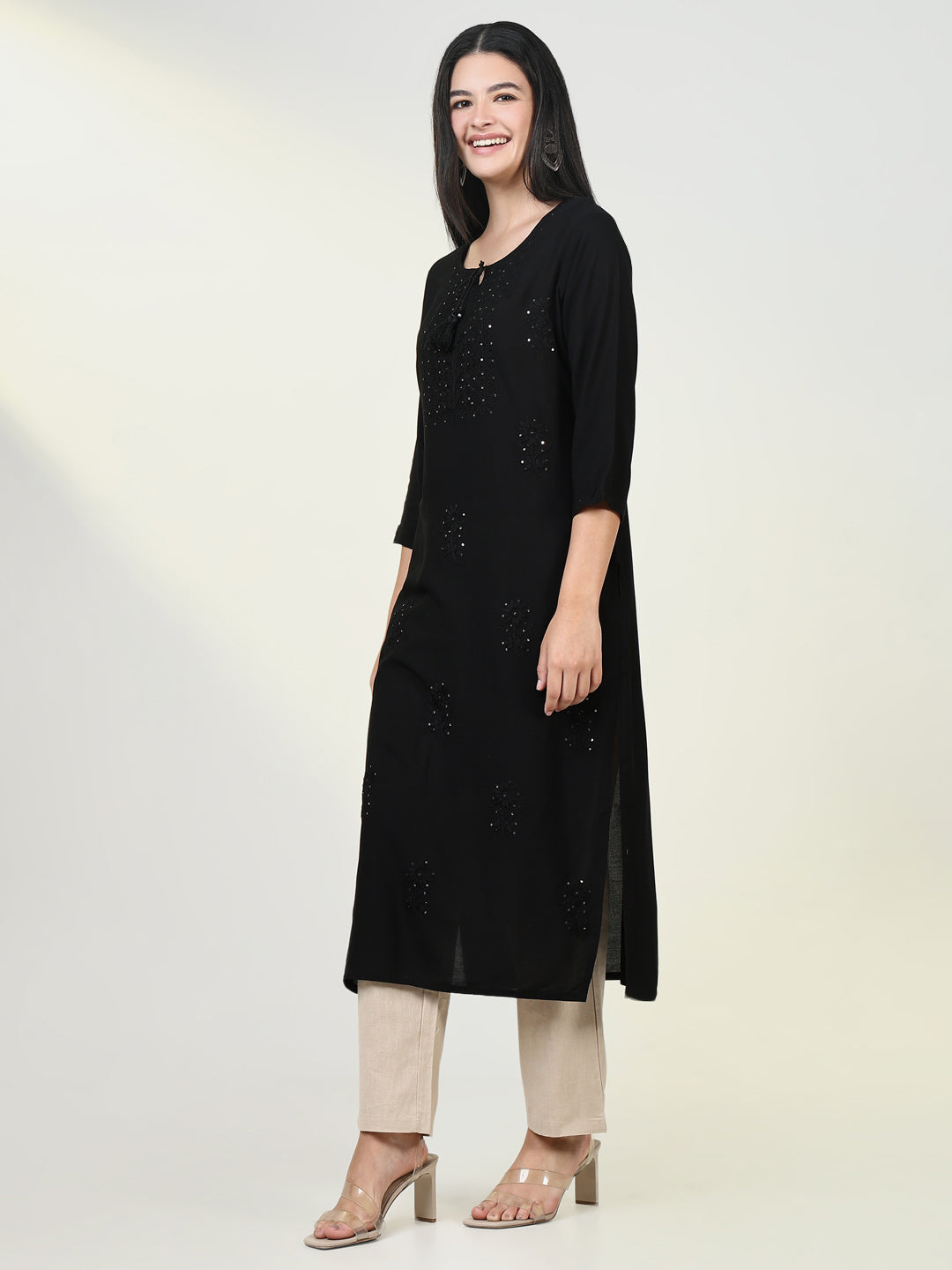 Women Solid Black Chikankari Kurta