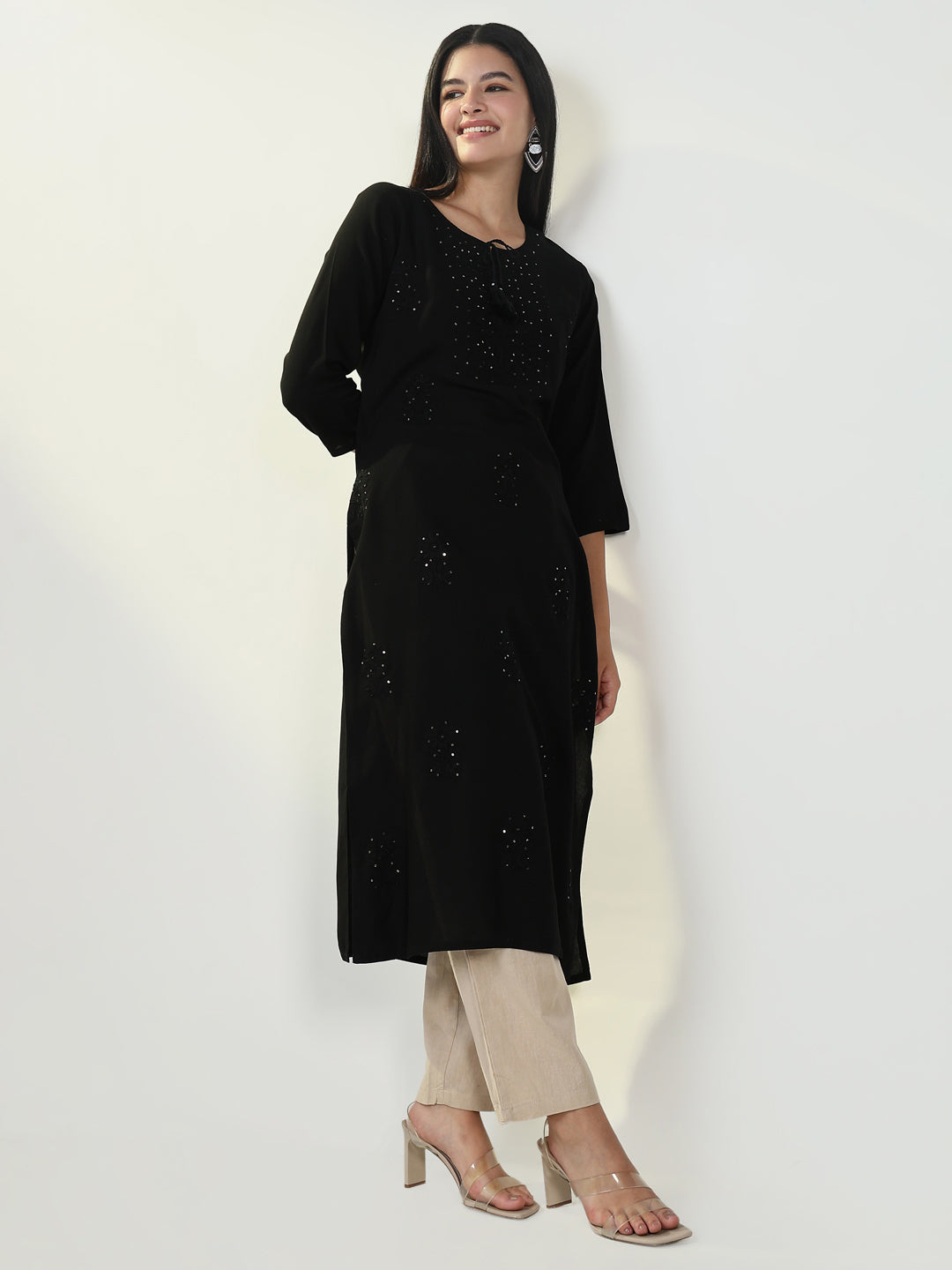 Women Solid Black Chikankari Kurta