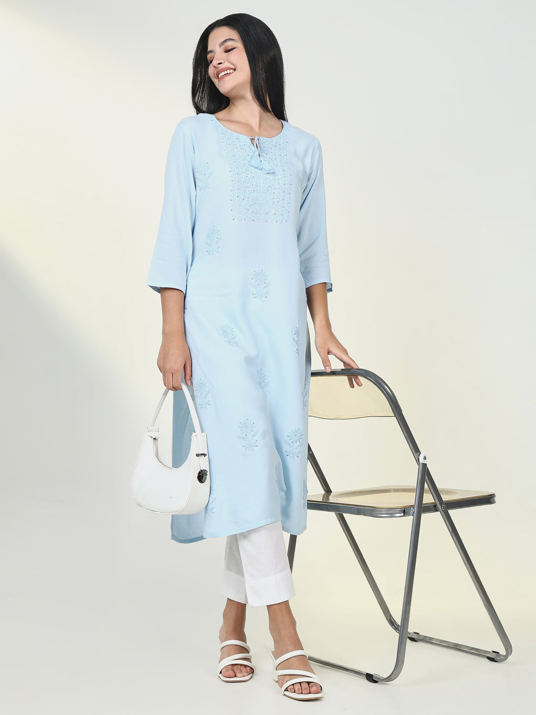 Women Solid Blue Chikankari Kurta