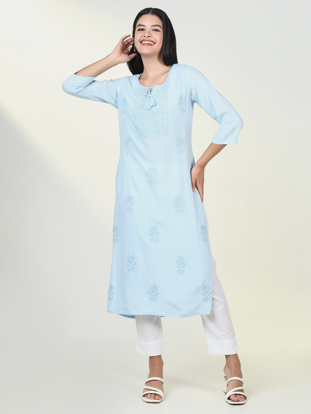 Women Solid Blue Chikankari Kurta