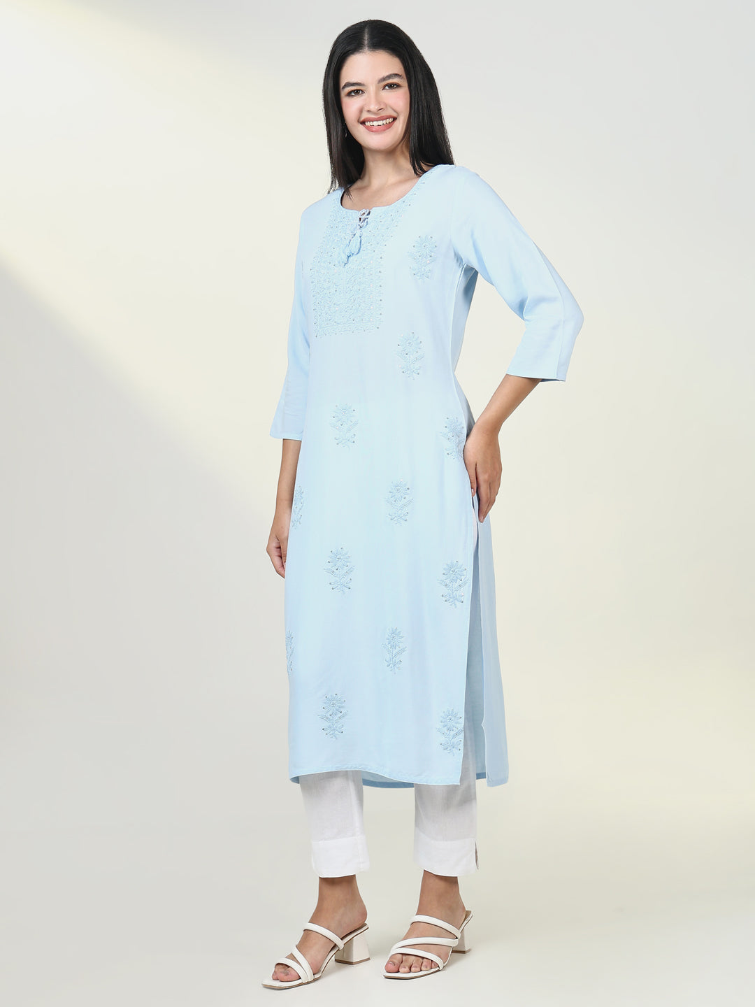 Women Solid Blue Chikankari Kurta