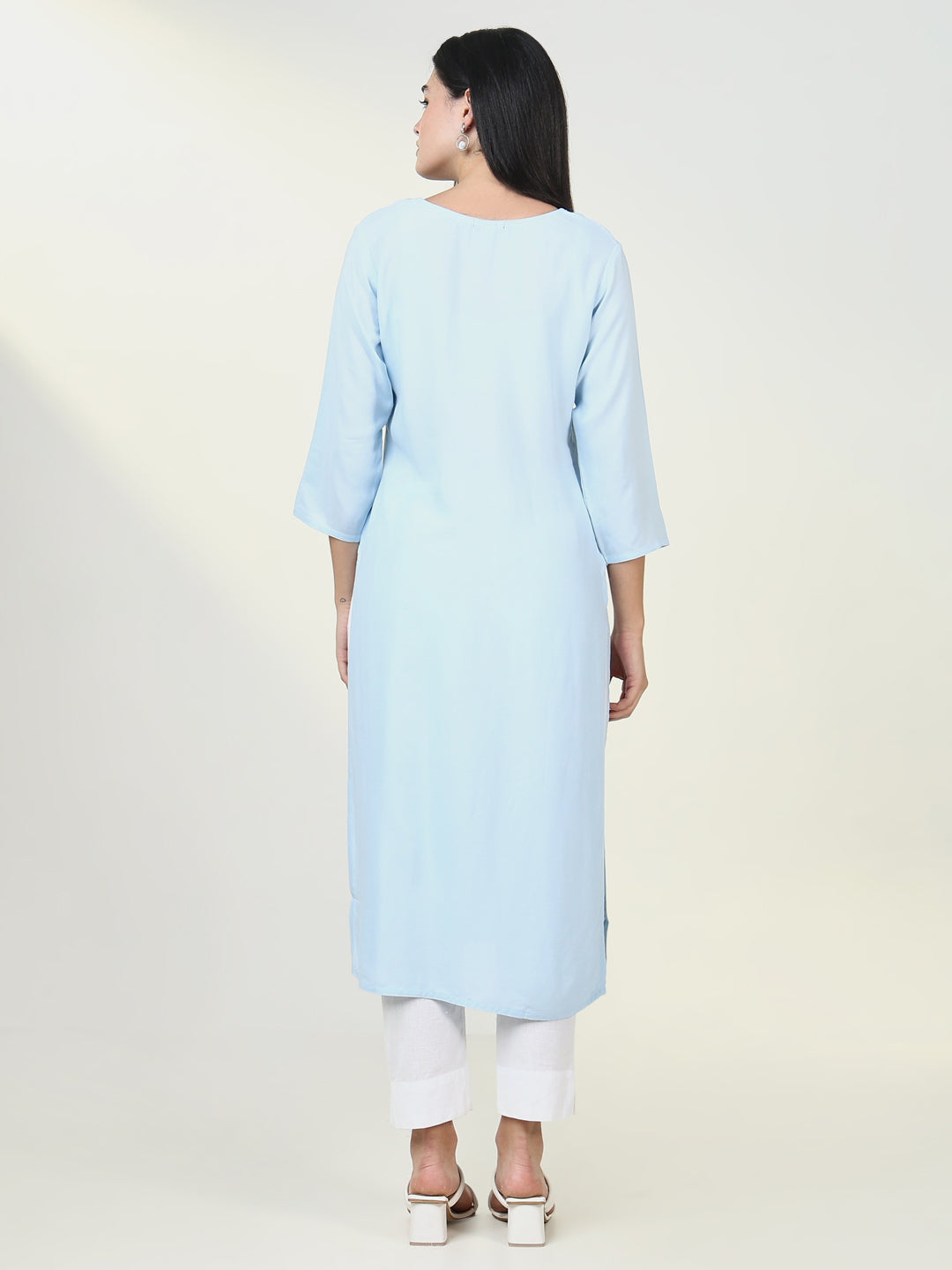 Women Solid Blue Chikankari Kurta