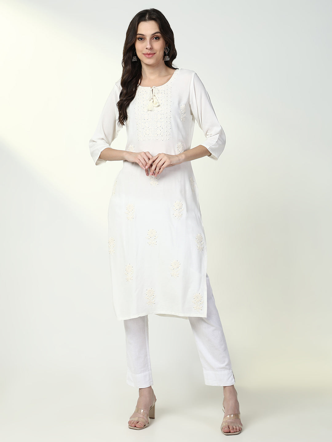 Women White Solid Straight Kurta