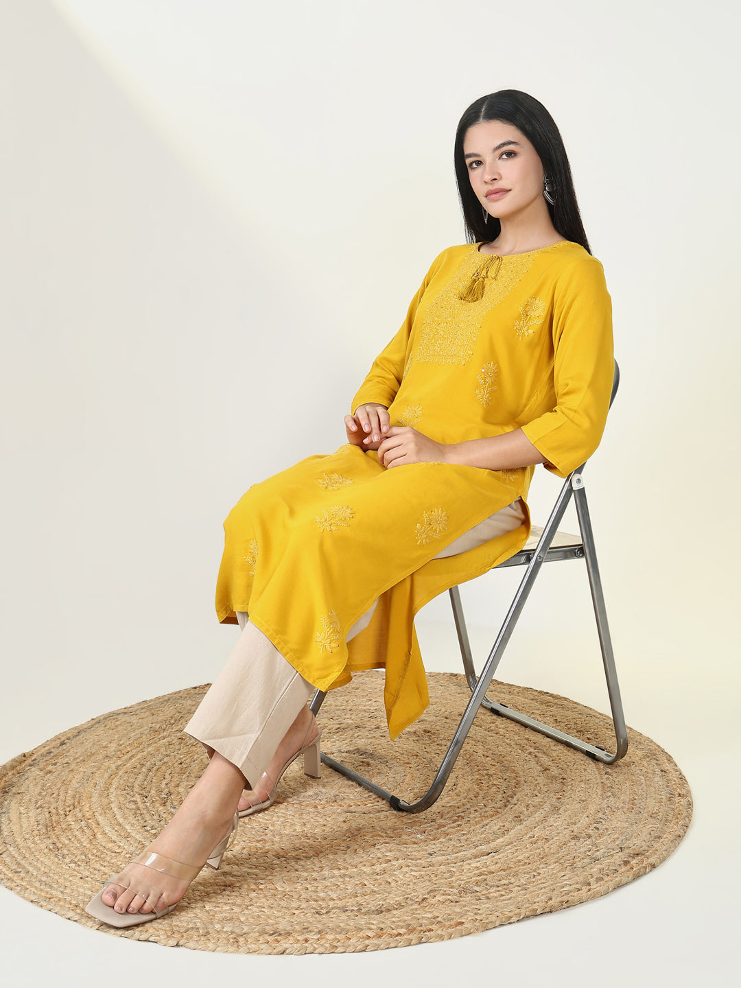 Women Solid Yellow Chikankari Kurta