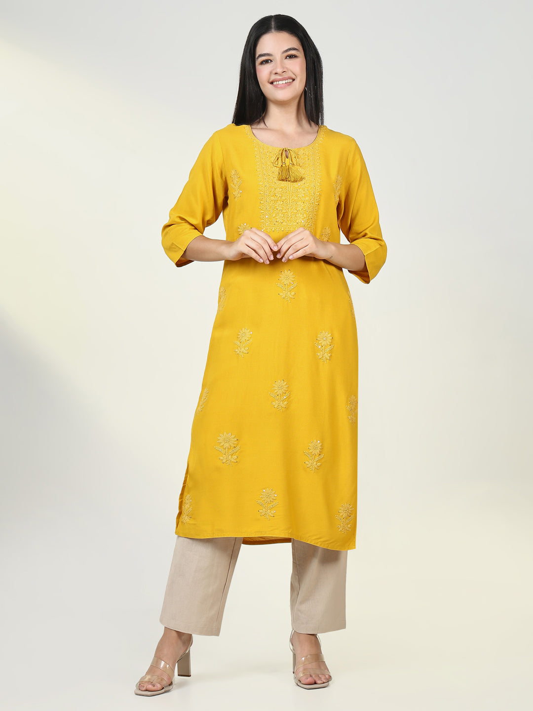 Women Solid Yellow Chikankari Kurta