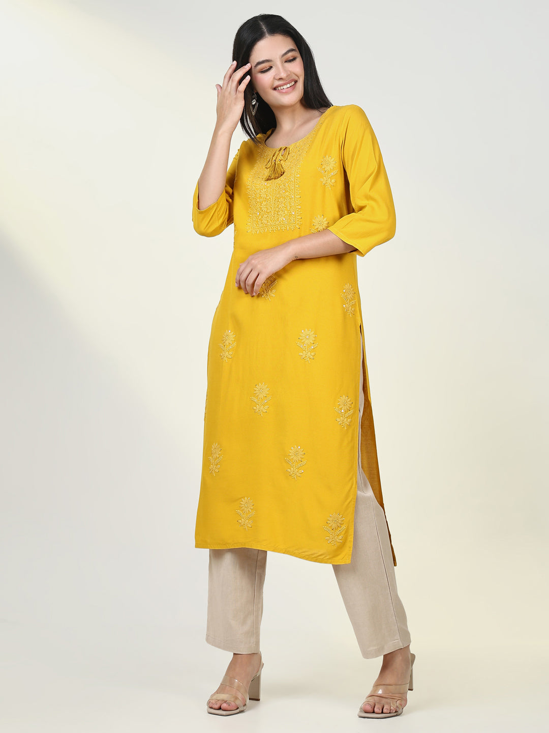 Women Solid Yellow Chikankari Kurta