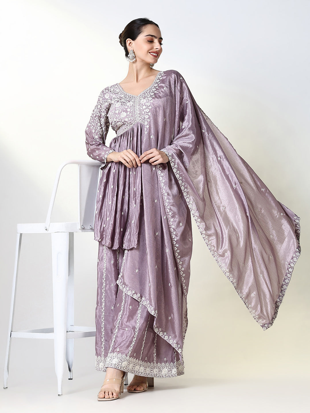 Women Embroidered Purple Kurta Set with Dupatta