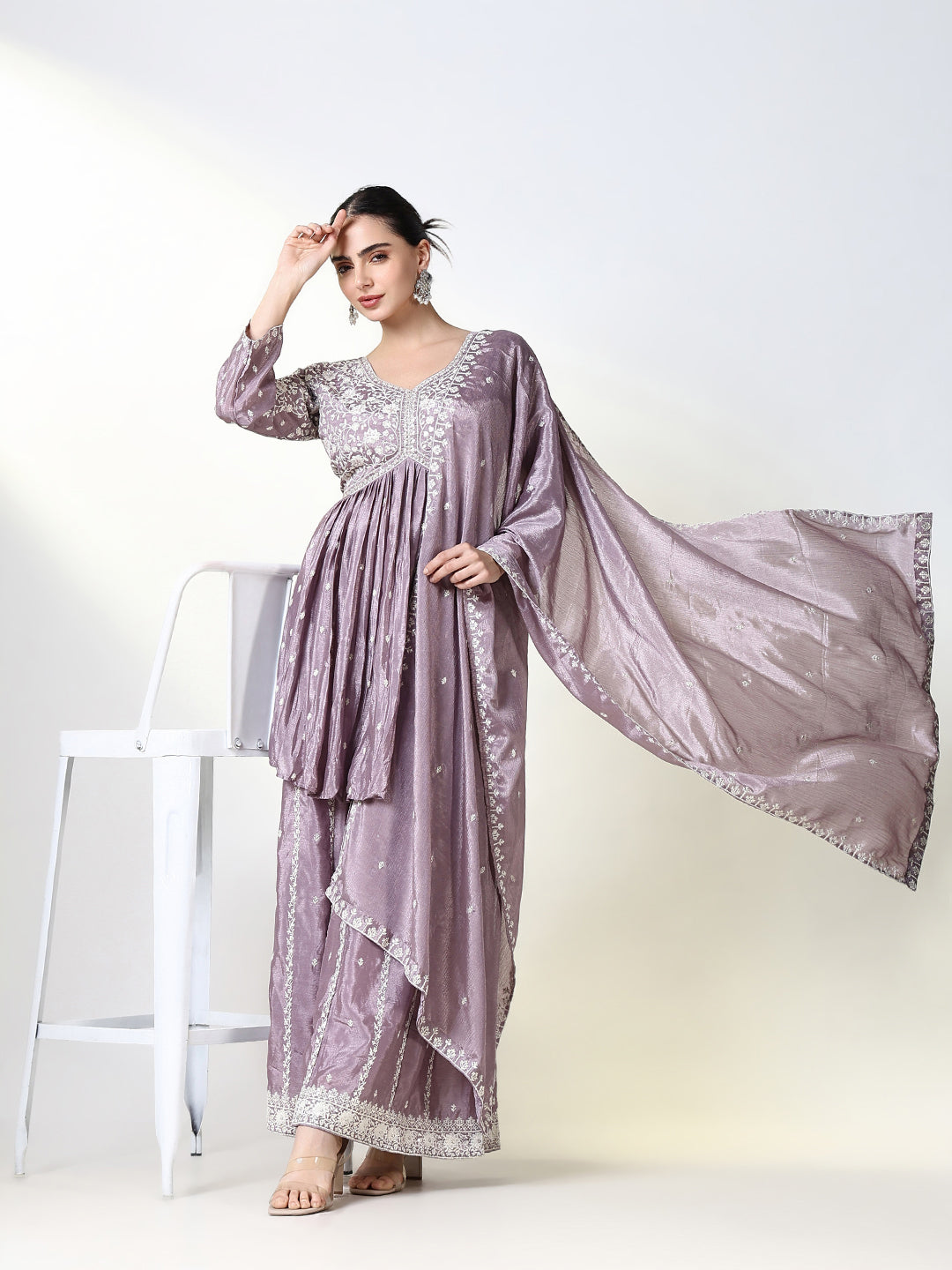 Women Embroidered Purple Kurta Set with Dupatta