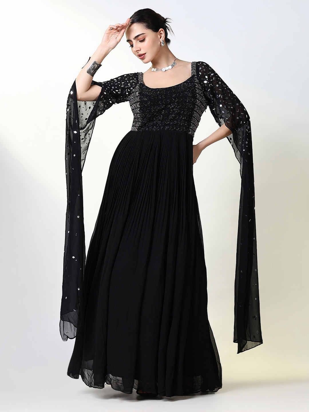 Women Black Solid Ethnic Gown Dress