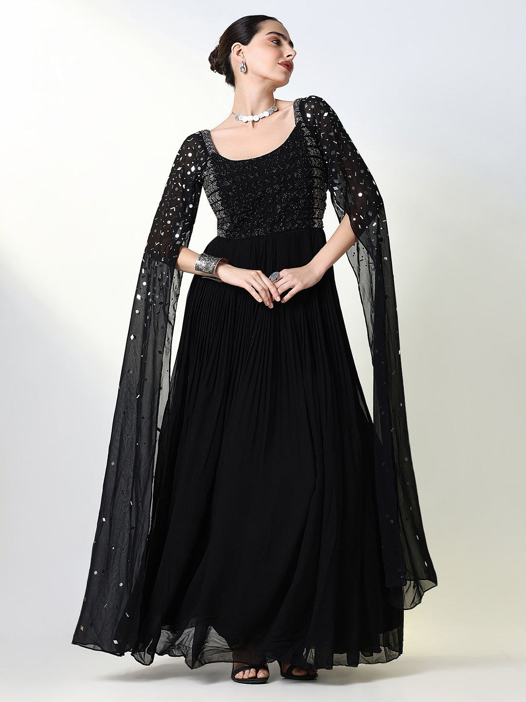 Women Black Solid Ethnic Gown Dress