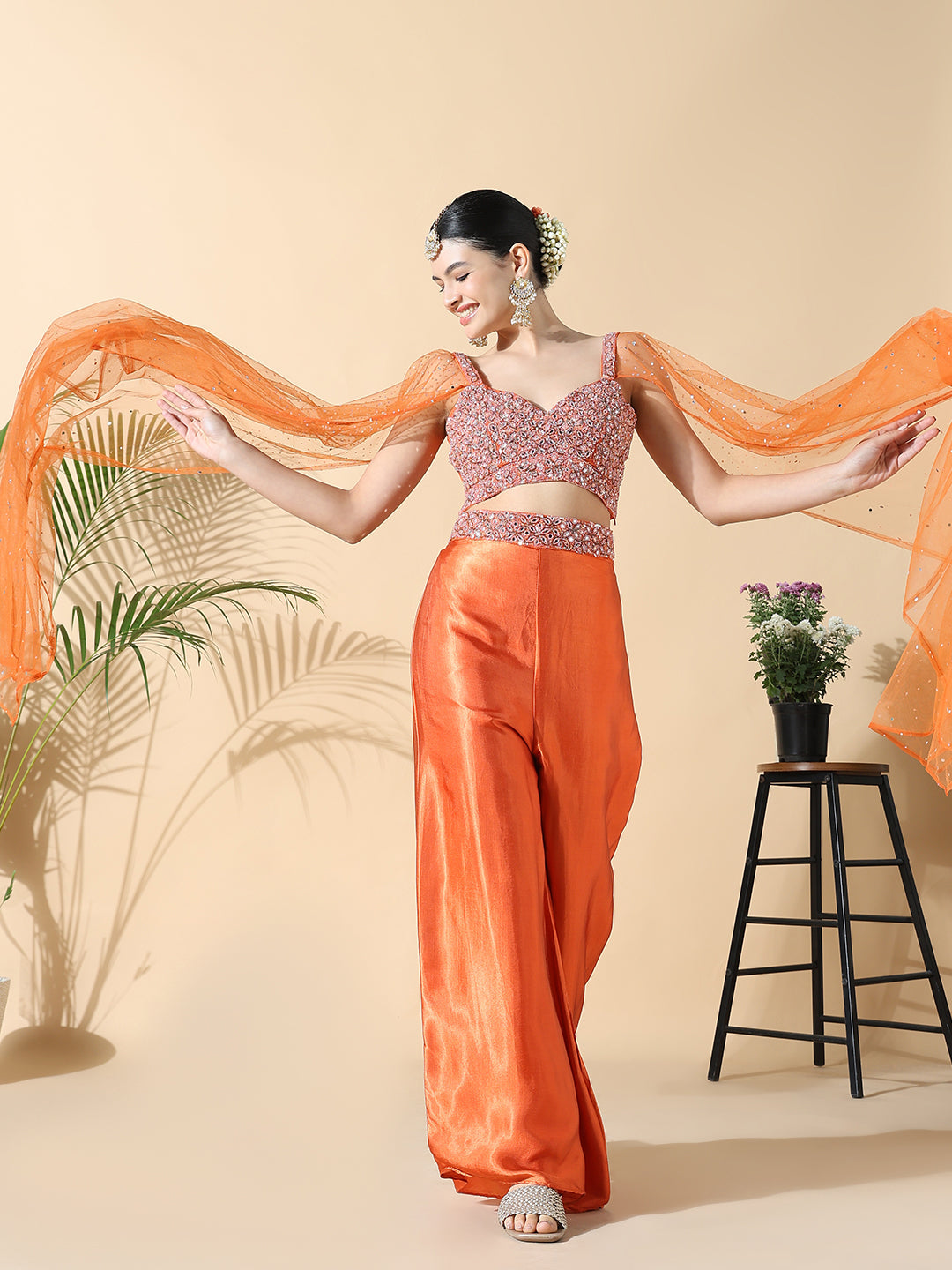 Women Solid Embroidered Straight Orange Top with Palazzos