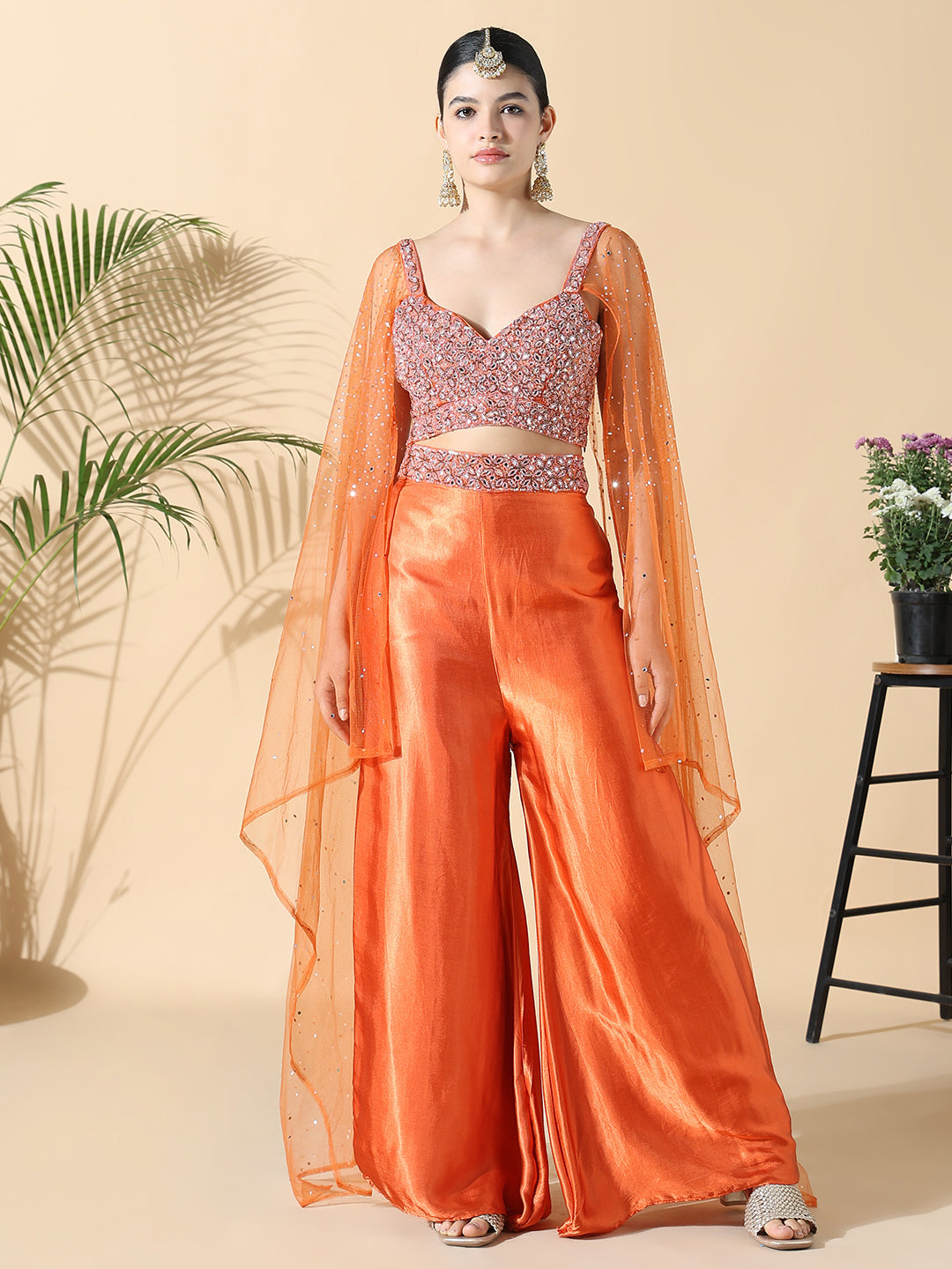 Women Solid Embroidered Straight Orange Top with Palazzos