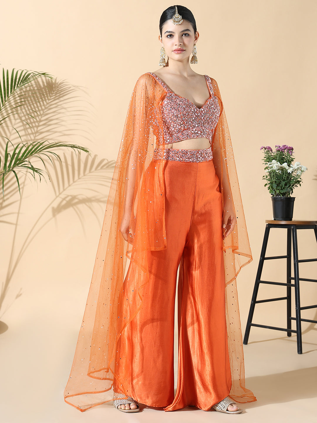 Women Solid Embroidered Straight Orange Top with Palazzos