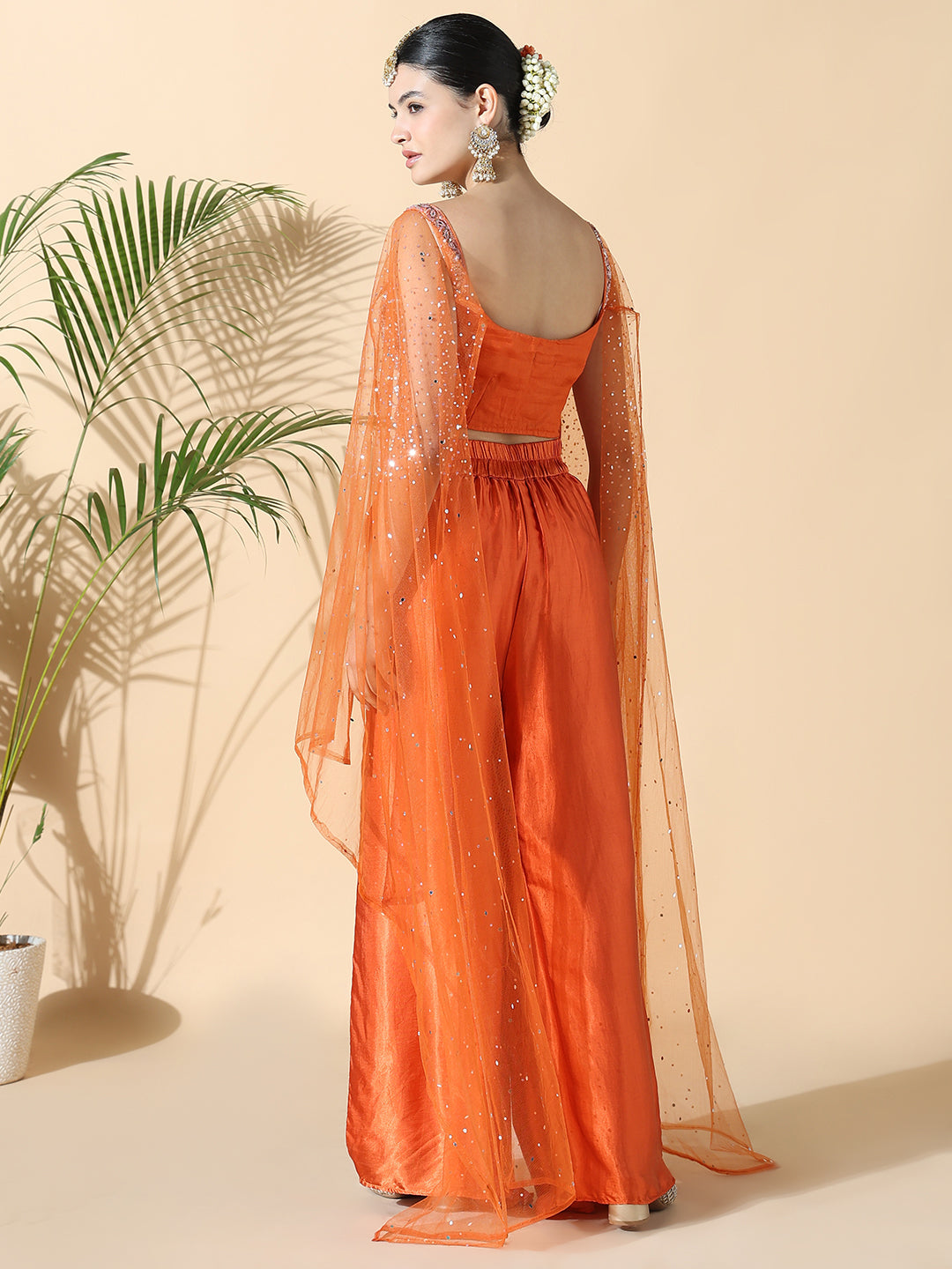 Women Solid Embroidered Straight Orange Top with Palazzos