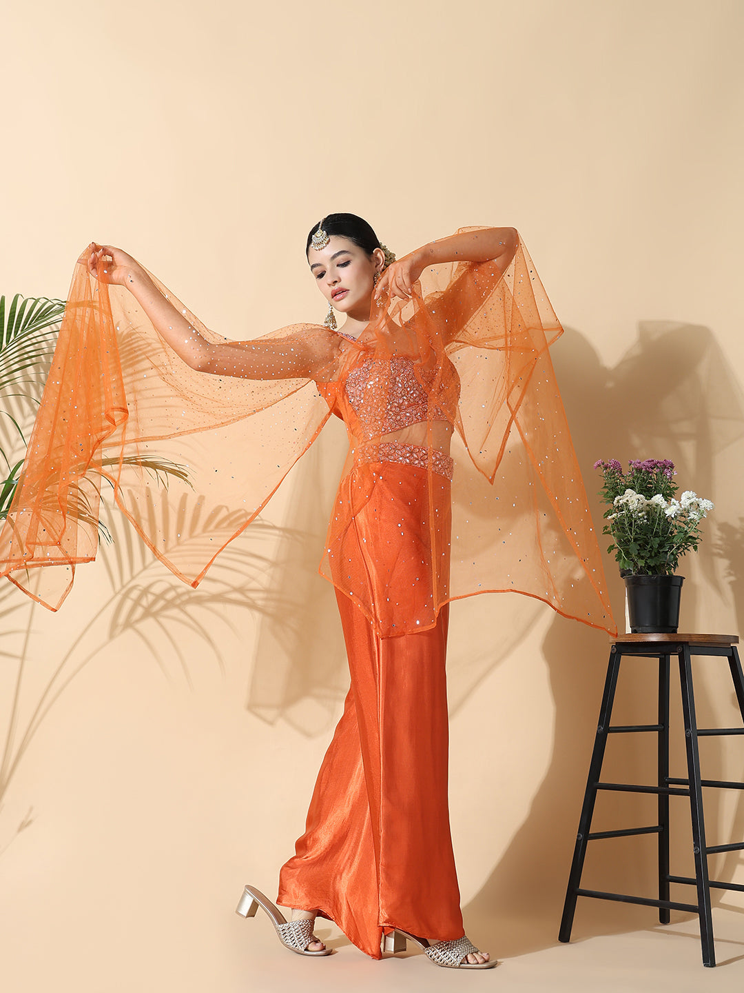 Women Solid Embroidered Straight Orange Top with Palazzos