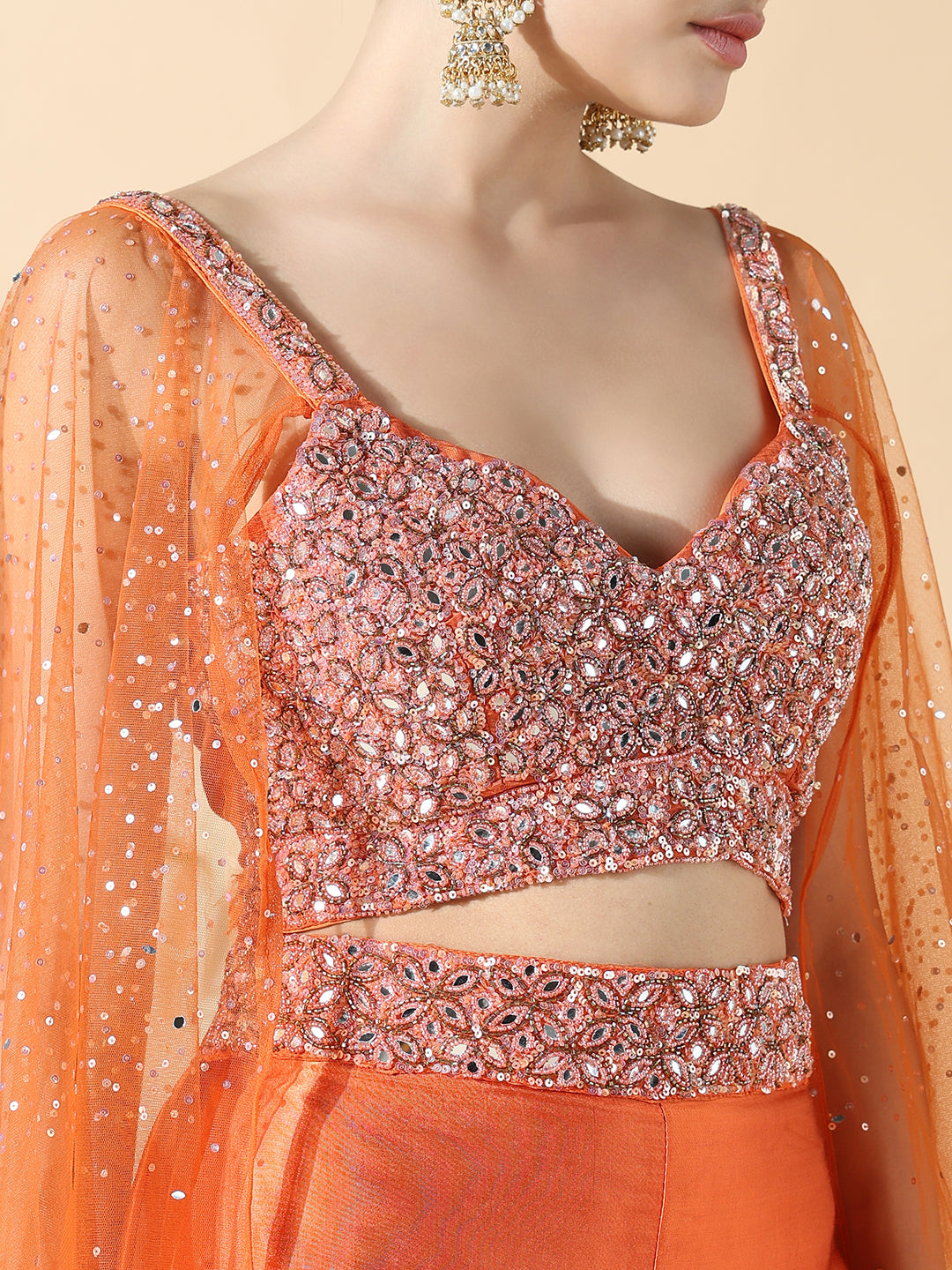 Women Solid Embroidered Straight Orange Top with Palazzos