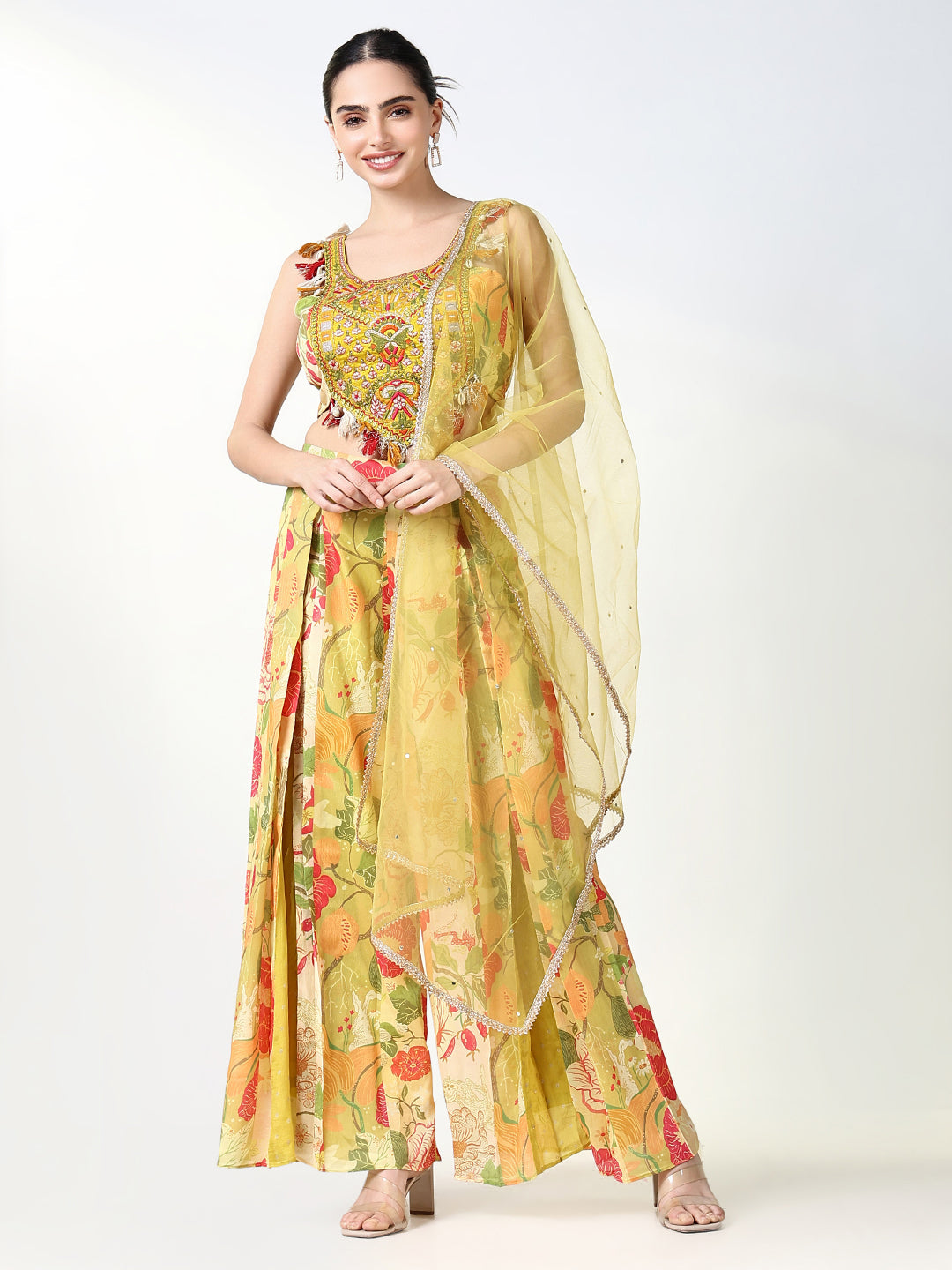 Women Floral Green Indowestern Kurta Set with Dupatta