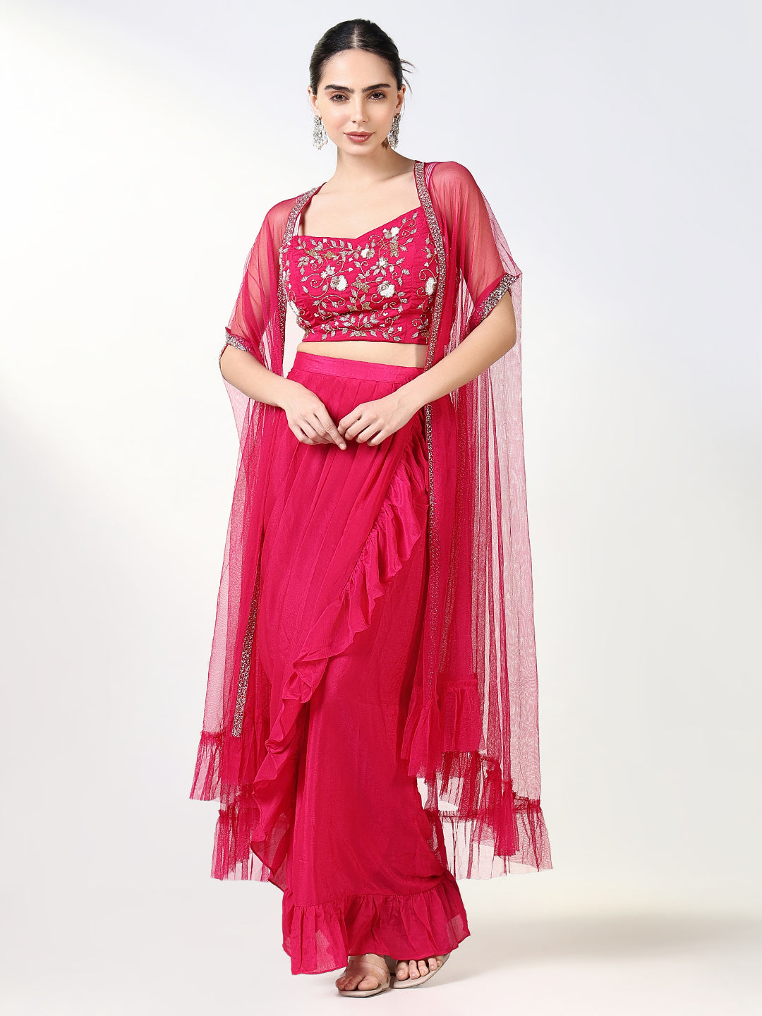 Women Pink Embroidered Lehenga Choli with Overcoat