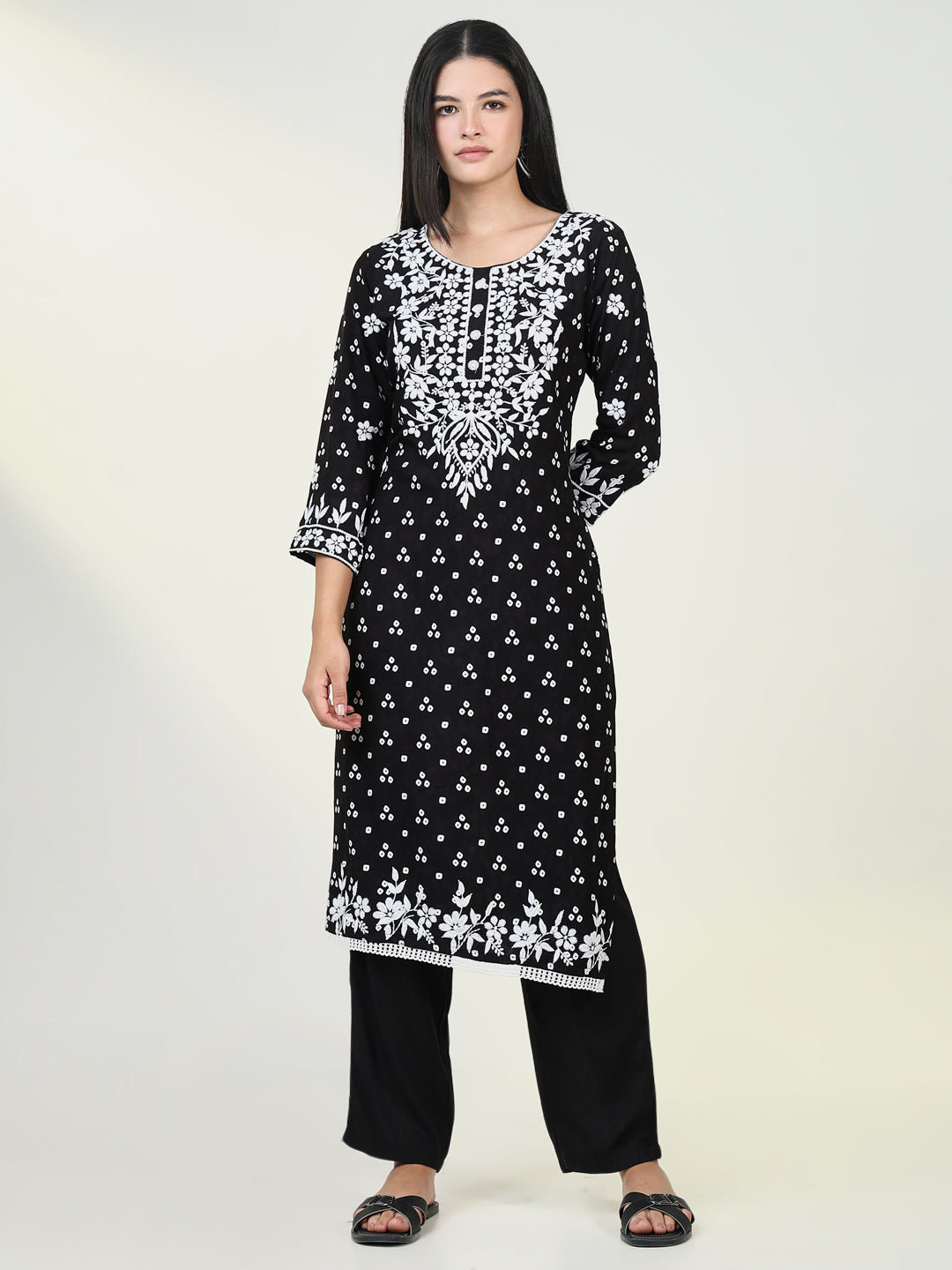 Women Bandhani Black Chikankari Kurta