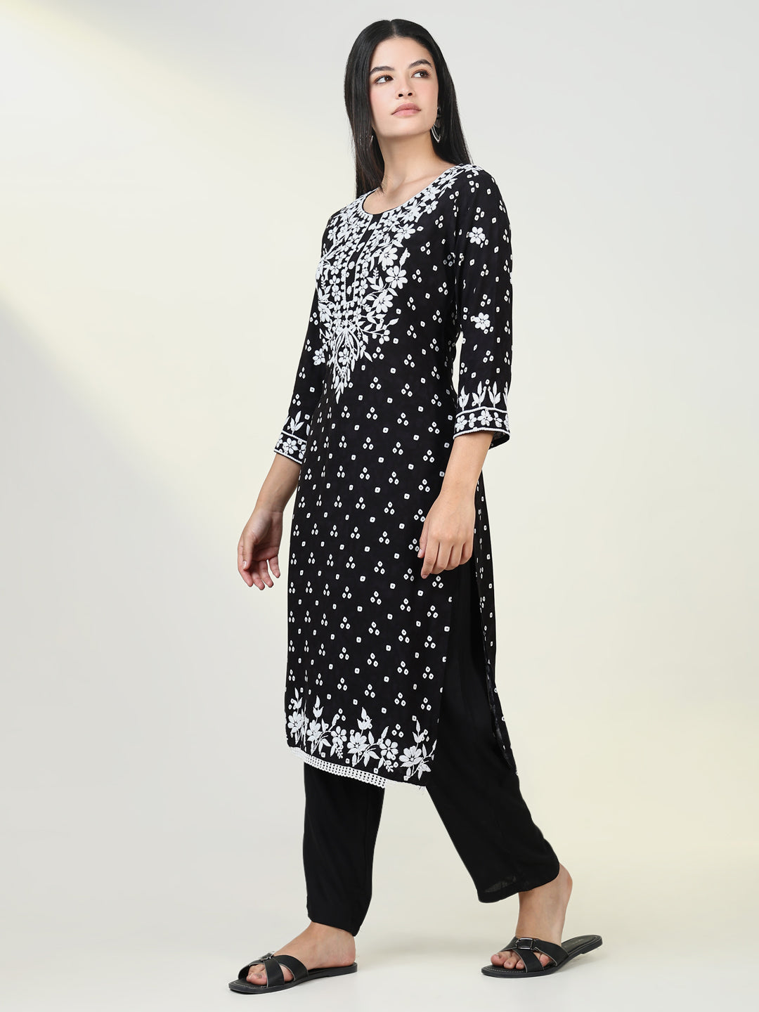 Women Bandhani Black Chikankari Kurta