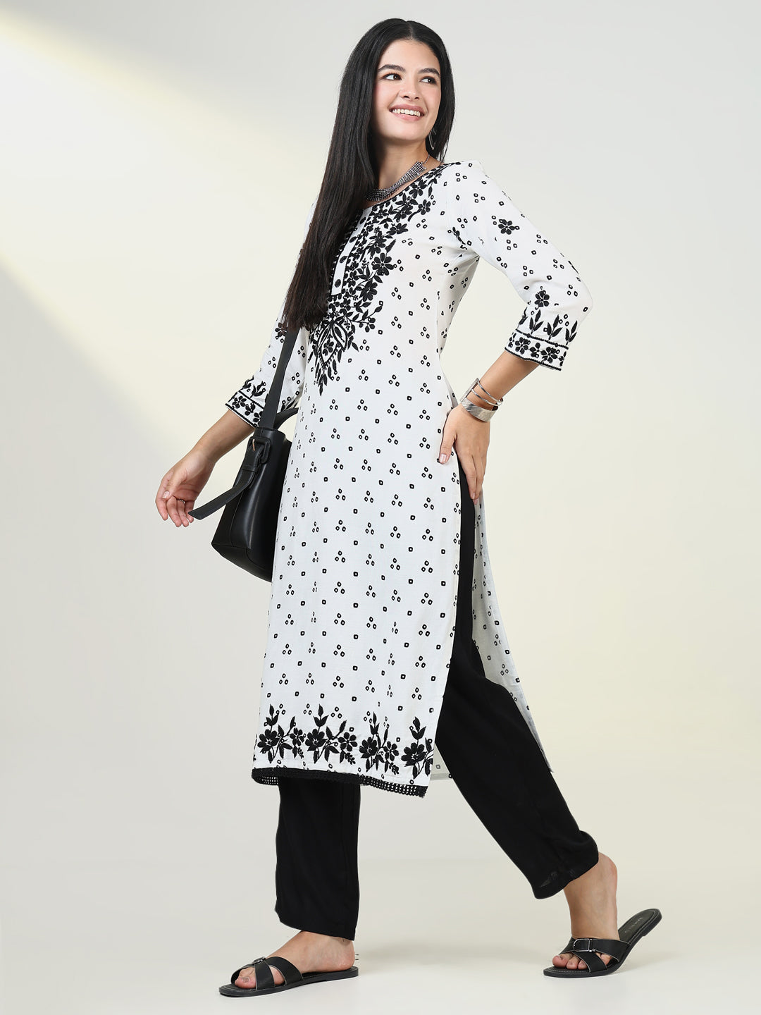 Women Bandhani White Chikankari Kurta