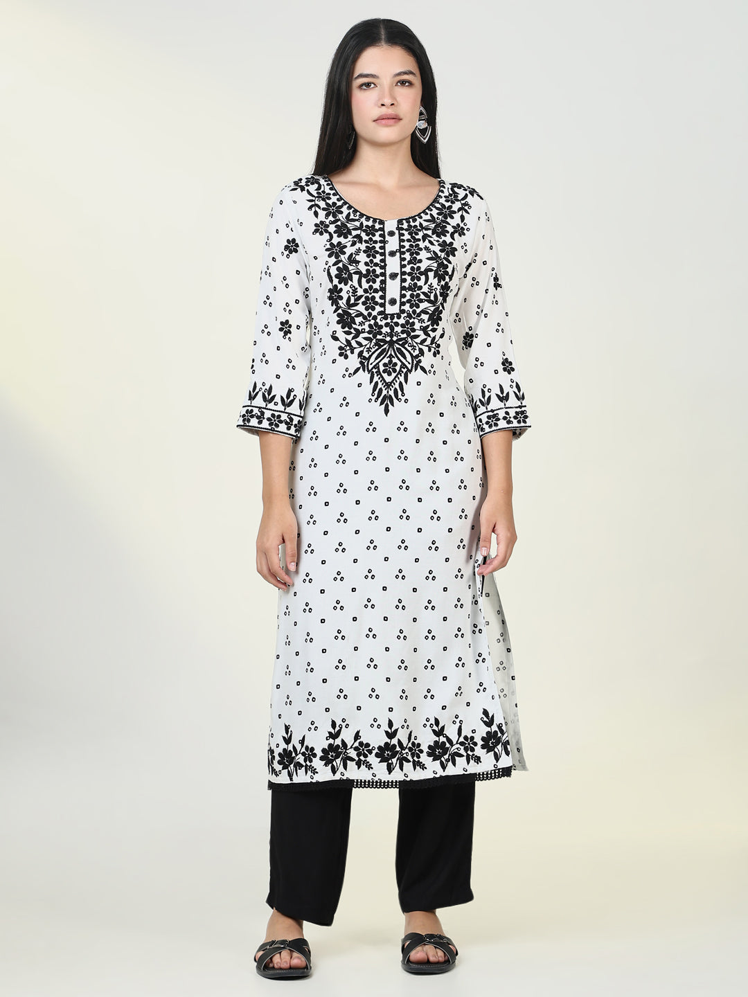 Women Bandhani White Chikankari Kurta