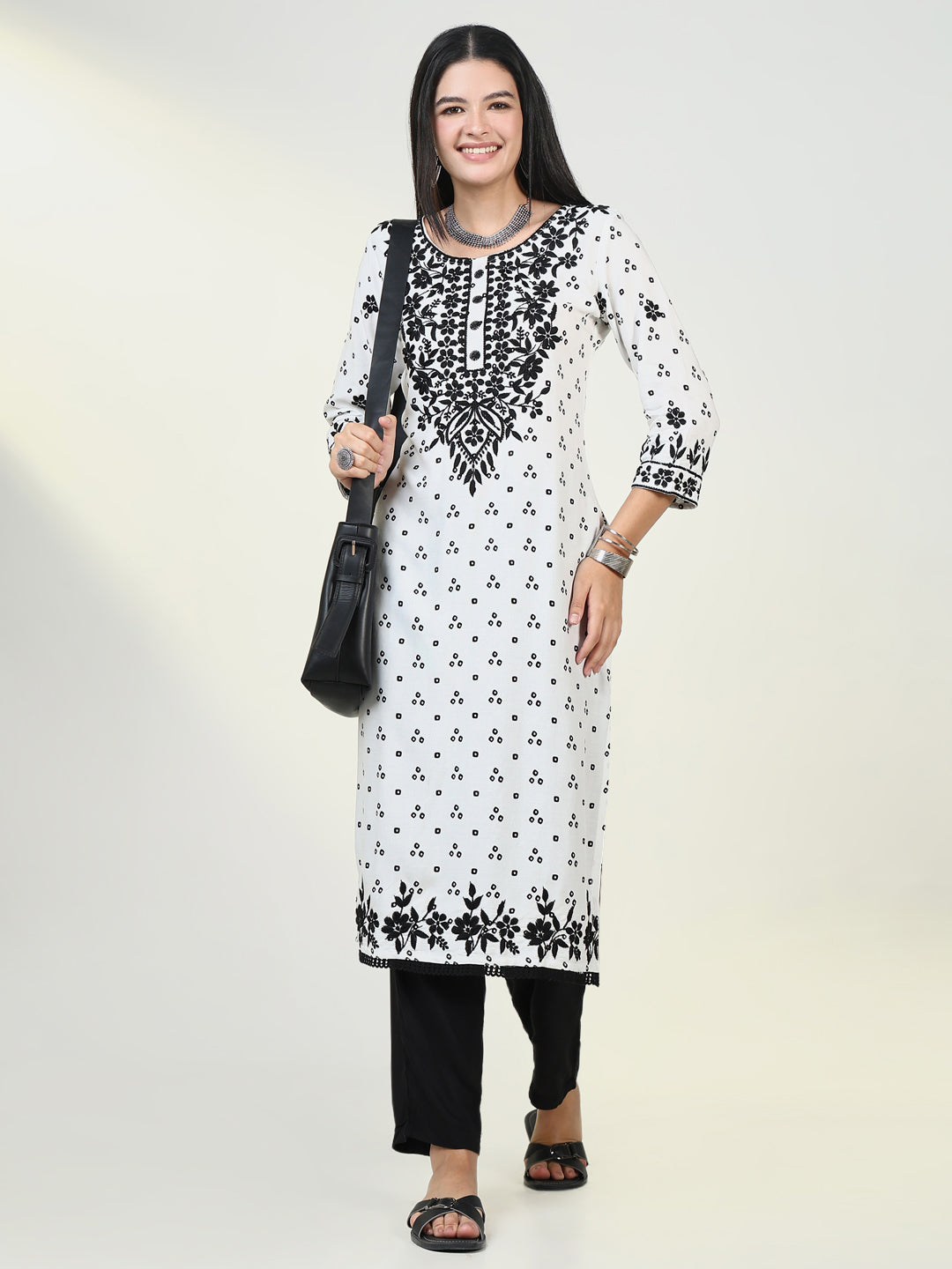 Women Bandhani White Chikankari Kurta