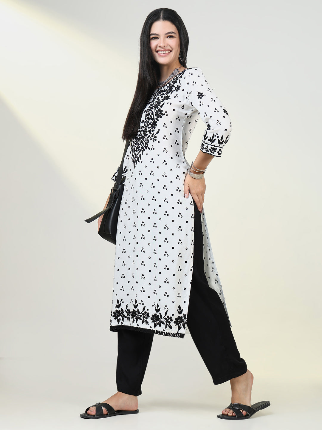 Women Bandhani White Chikankari Kurta