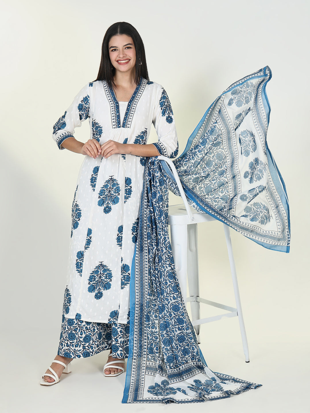 Women Floral Blue A Line Kurta Set with Dupatta