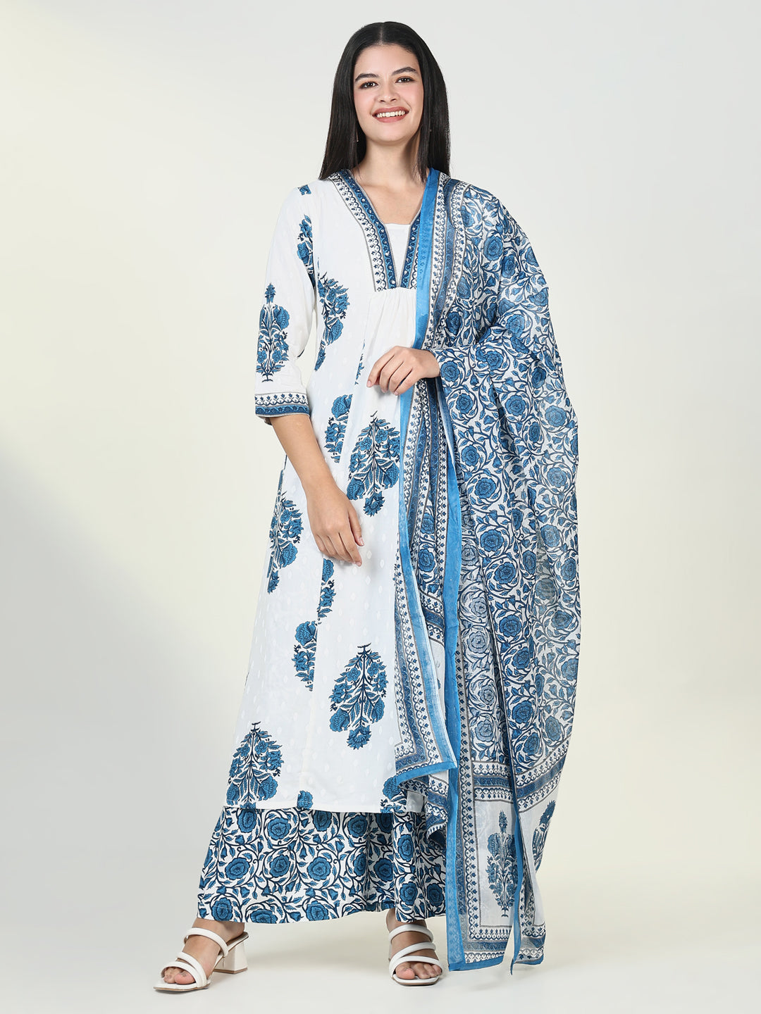 Women Floral Blue A Line Kurta Set with Dupatta