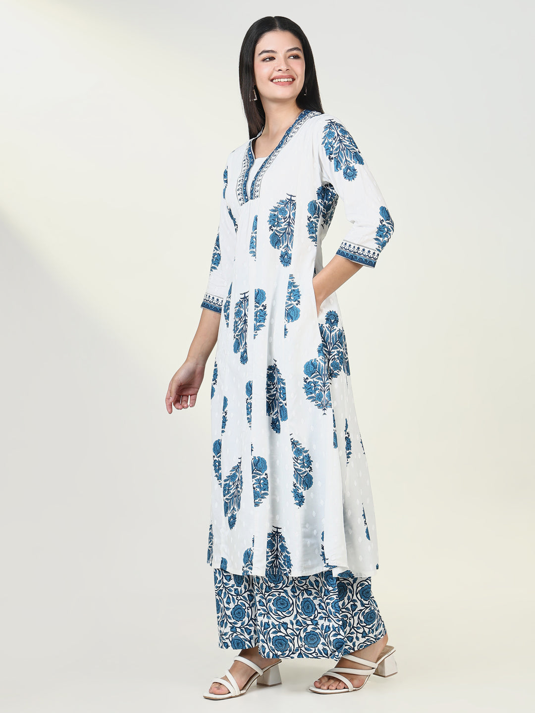 Women Floral Blue A Line Kurta Set with Dupatta