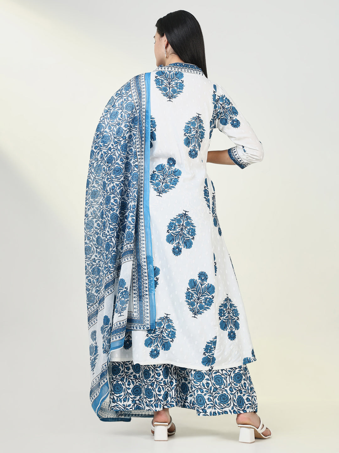 Women Floral Blue A Line Kurta Set with Dupatta