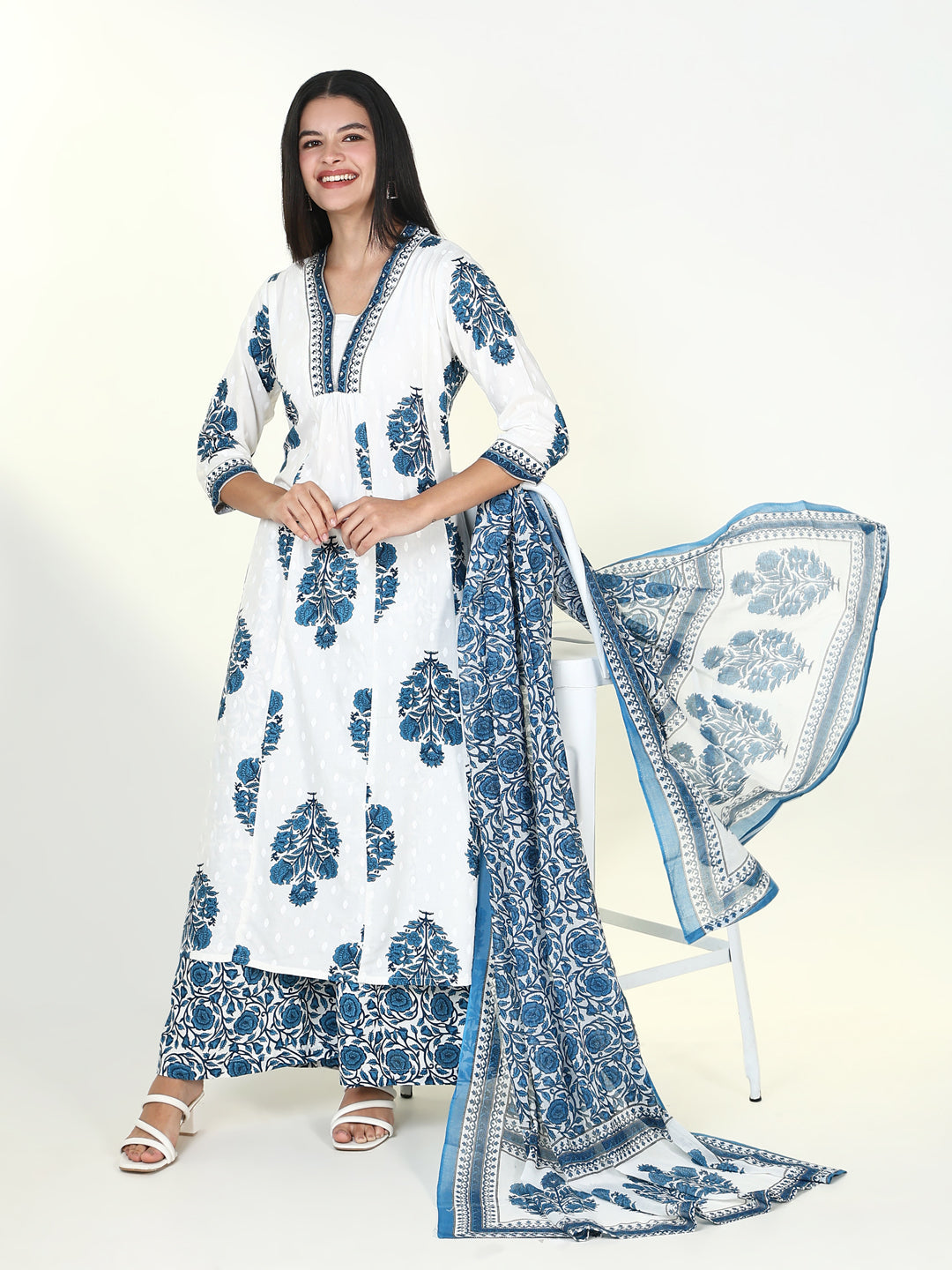 Women Floral Blue A Line Kurta Set with Dupatta