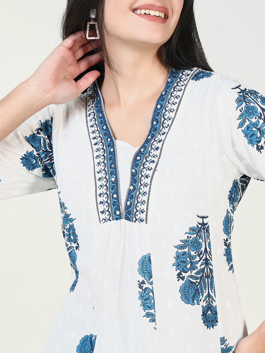 Women Floral Blue A Line Kurta Set with Dupatta