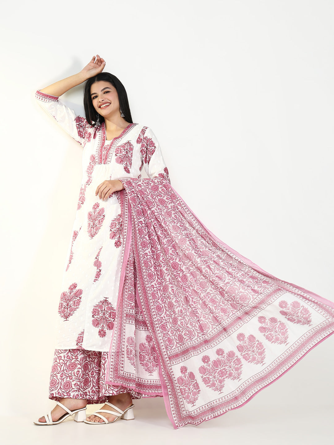 Women Floral Pink A Line Kurta Set with Dupatta