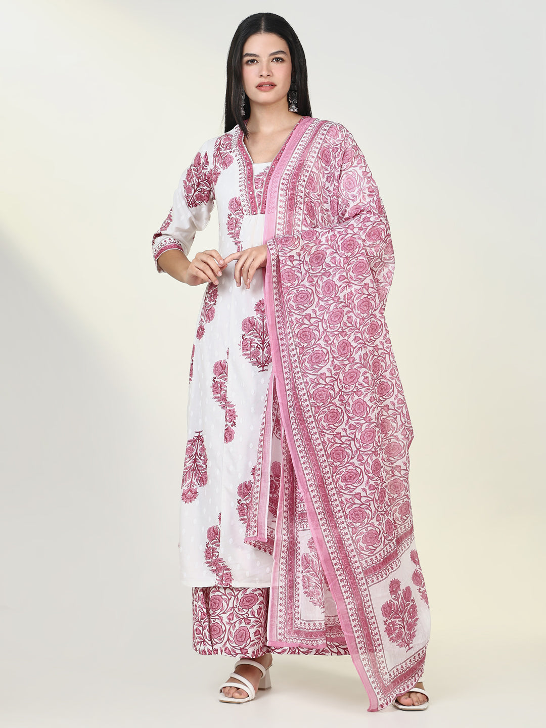 Women Floral Pink A Line Kurta Set with Dupatta