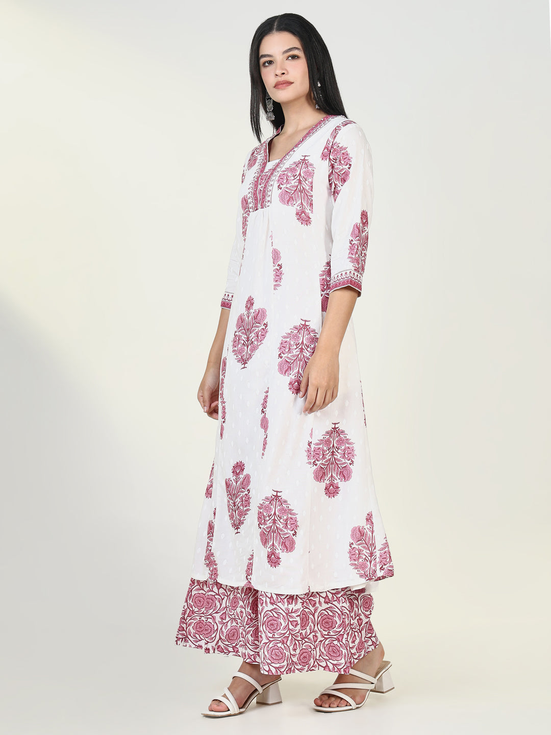 Women Floral Pink A Line Kurta Set with Dupatta