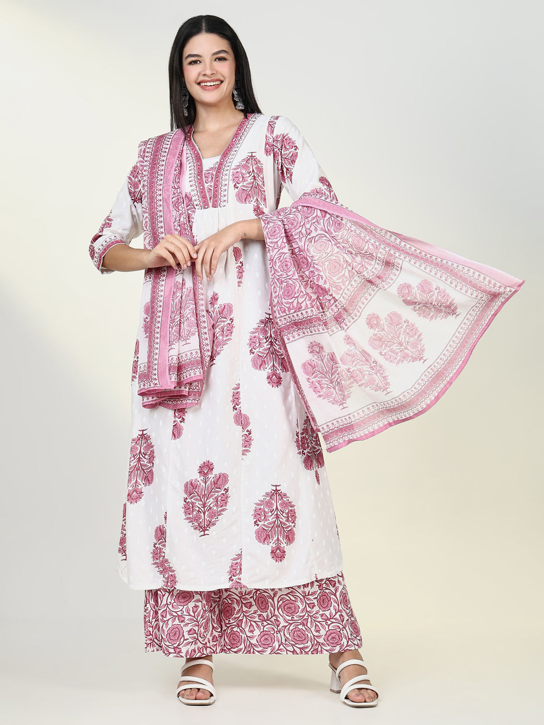 Women Floral Pink A Line Kurta Set with Dupatta