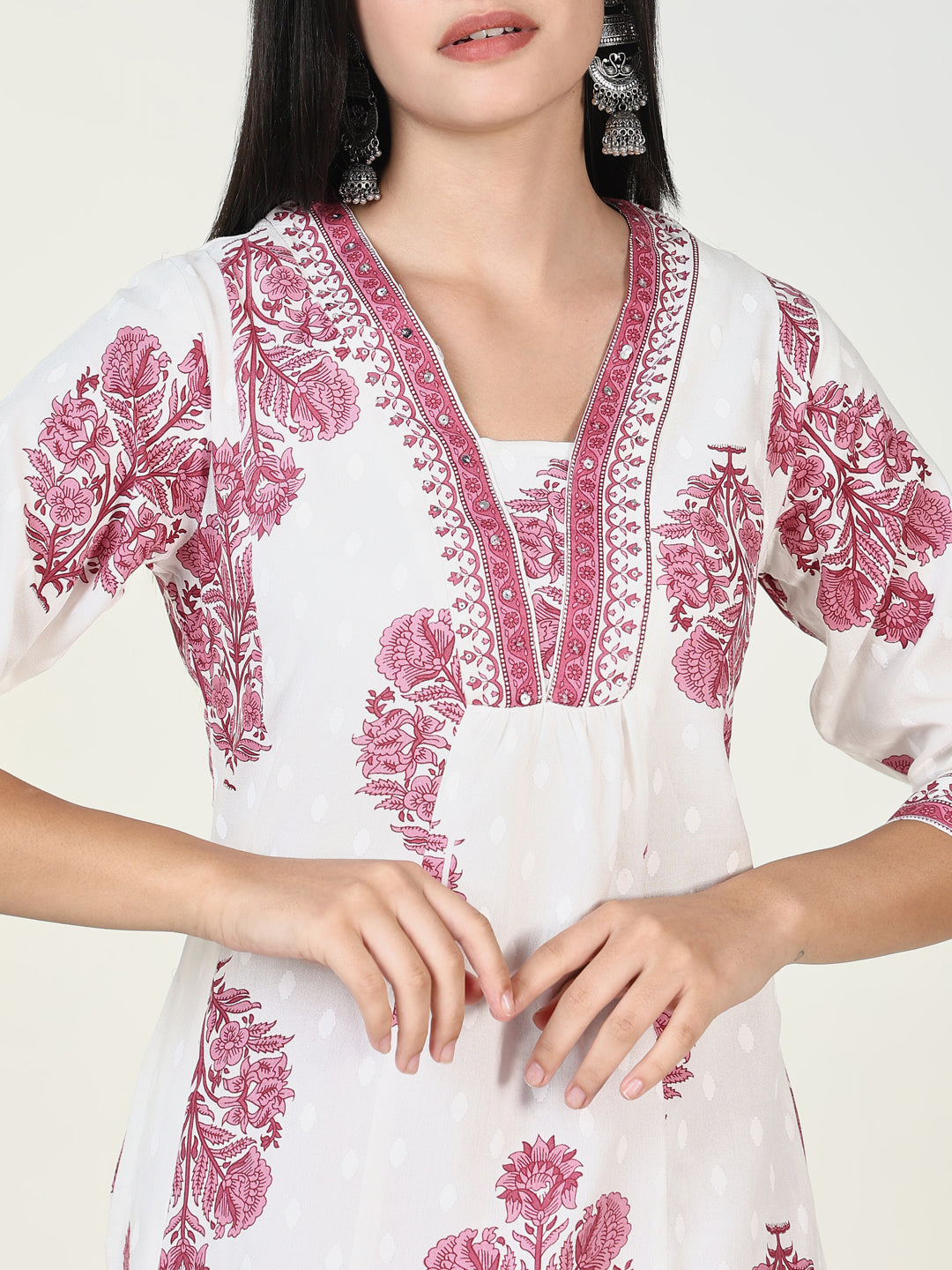 Women Floral Pink A Line Kurta Set with Dupatta