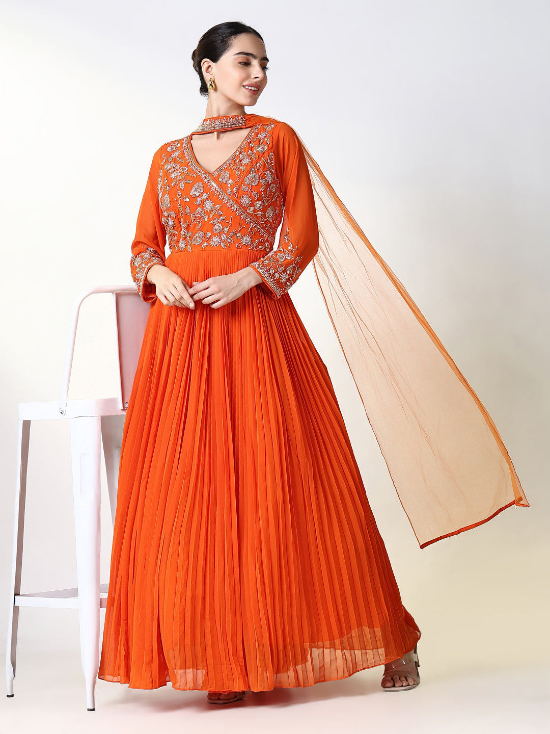 Women Orange Solid Anarkali Kurta with Dupatta