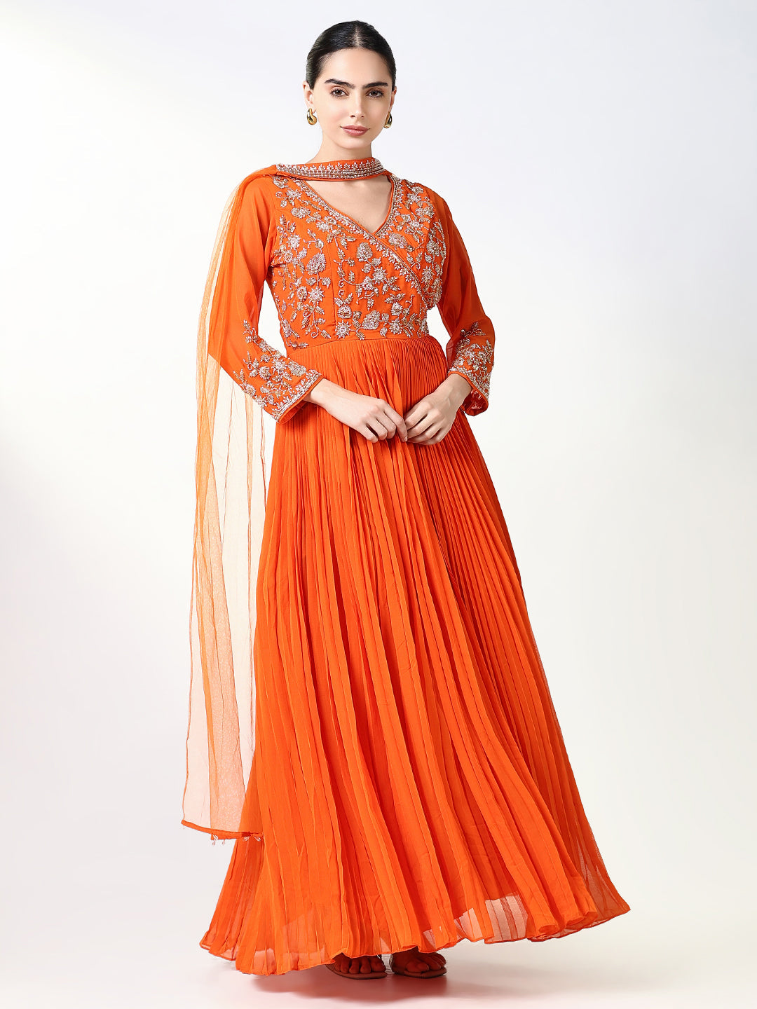 Women Orange Solid Anarkali Kurta with Dupatta